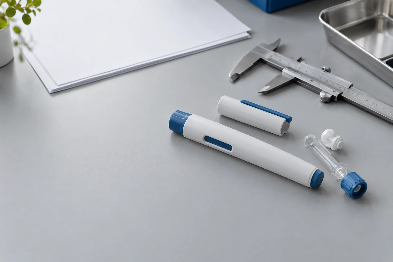Illustrative unbranded pen device components on a technical workbench