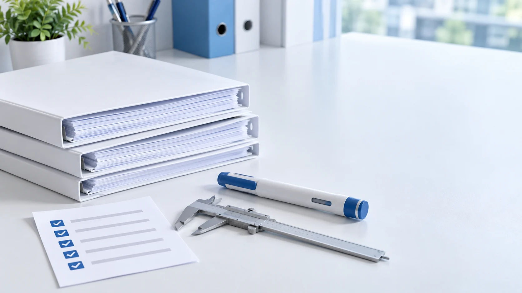 Blank technical documents, a checklist, caliper and generic pen device on a desk