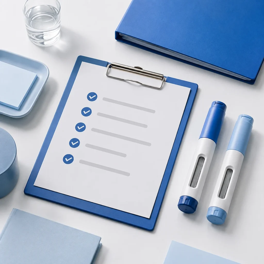 Blue checklist clipboard beside two conceptual injection pens and a blue folder