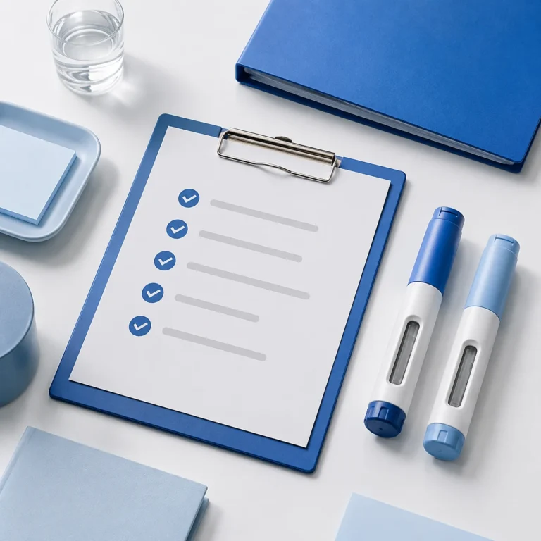 Blue checklist clipboard beside two conceptual injection pens and a blue folder